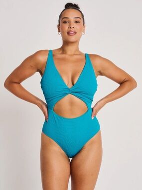 Women’s Teal Front Twist Textured One-Piece Swimsuit
